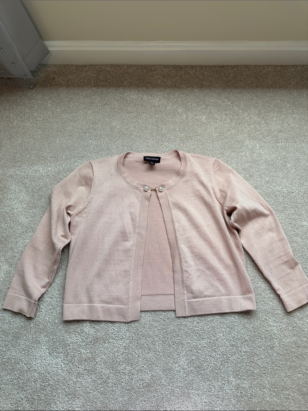 Nina Leonard Blush Pink Pearl-Button Cropped Cardigan